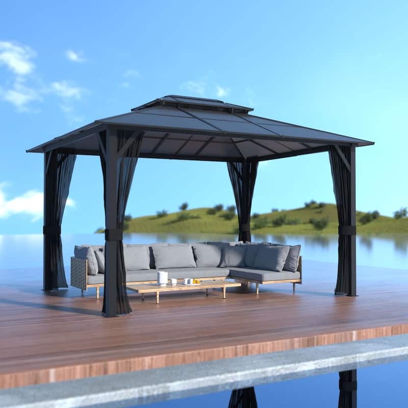 VEIKOUS 13' x 10' Outdoor Hardtop Gazebo with Aluminum Frame and Double Roof, Patio Gazebo with Premium Nettings