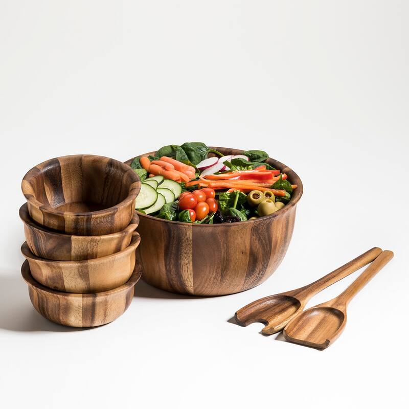 7 Piece - Large Salad Bowl with Servers and 4 Individuals - 11 x 11
