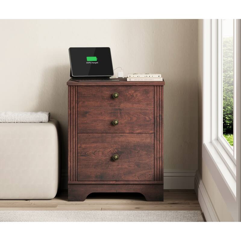 2 Drawer Wood End Table with Charging Station for Bedroom Living Room - Cherry - 1 Pack