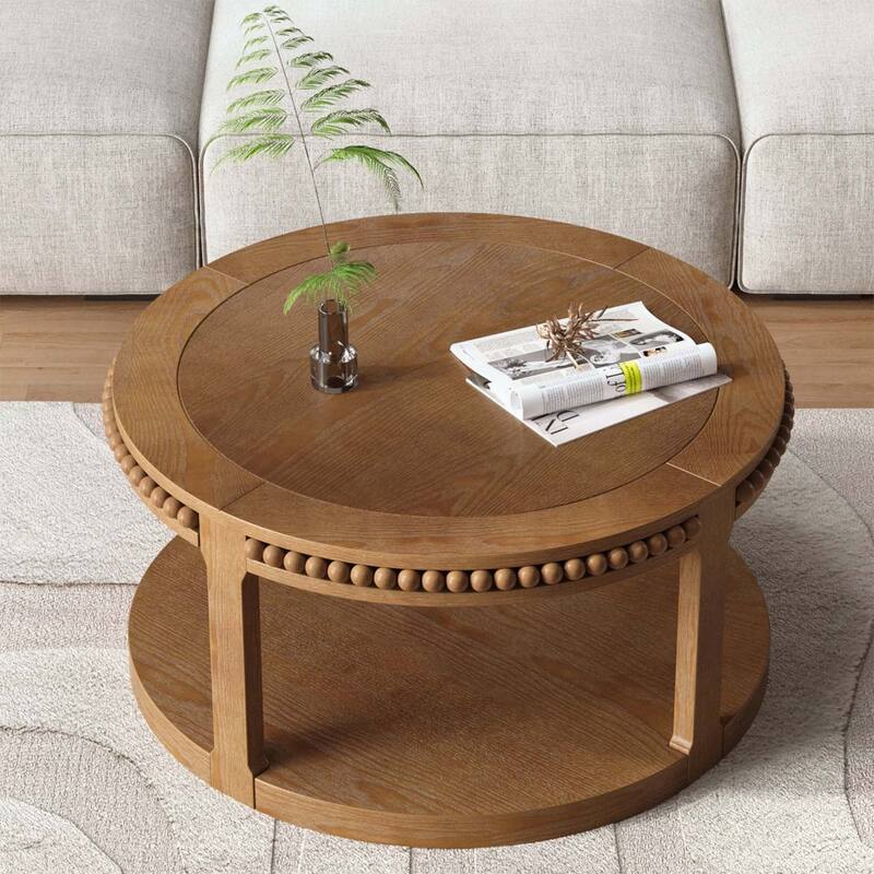 Round Wood Coffee Table - Two-Tier Thickened Top,Sturdy Legs