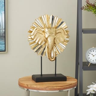 Gold Resin Elephant Decorative Sculpture with Mirrored Sunburst Accent and Black Stand