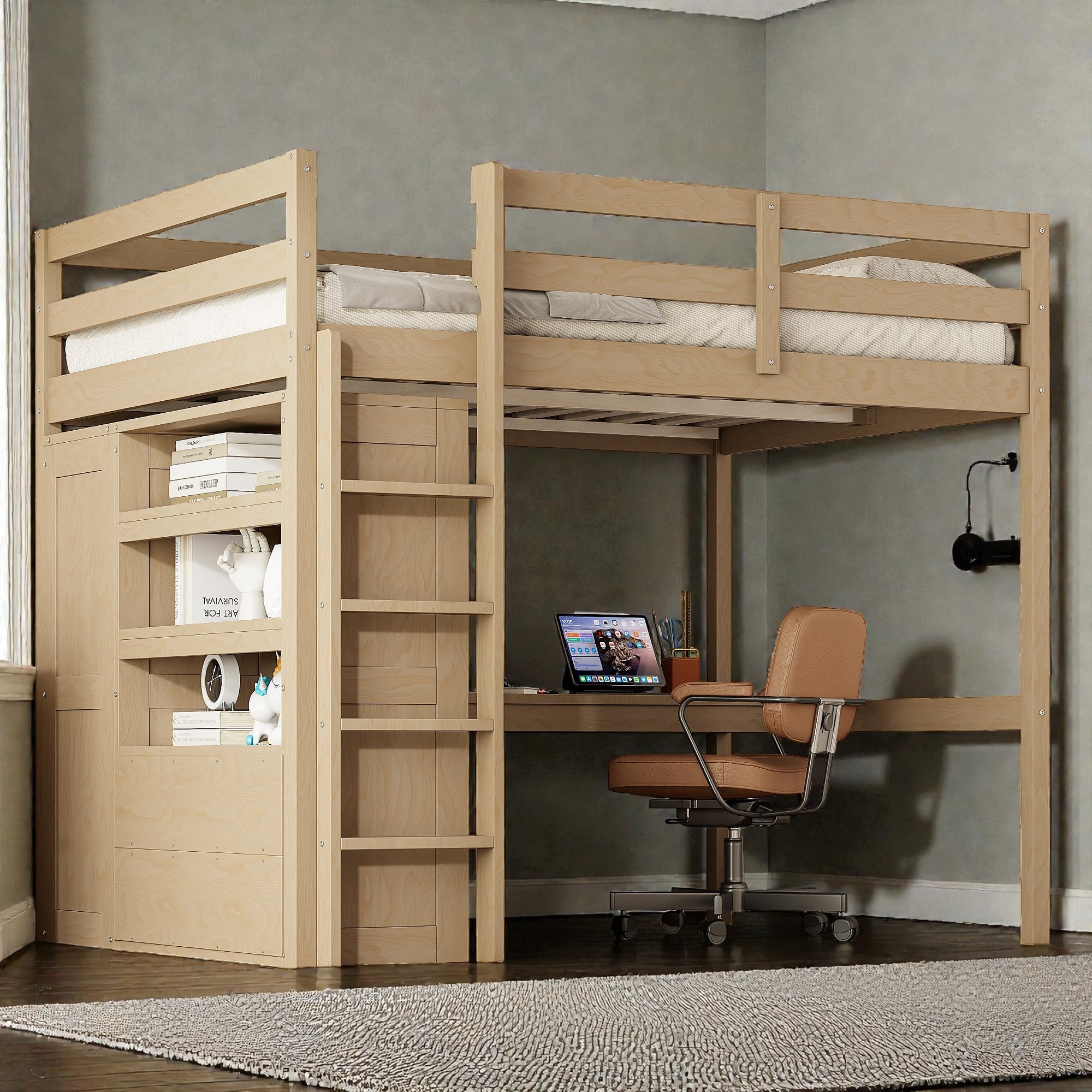 Full Size Wood Loft Bed with Wardrobe, Desk, Storage Shelves and Drawers, Space Saving Design, No Box Spring Needed