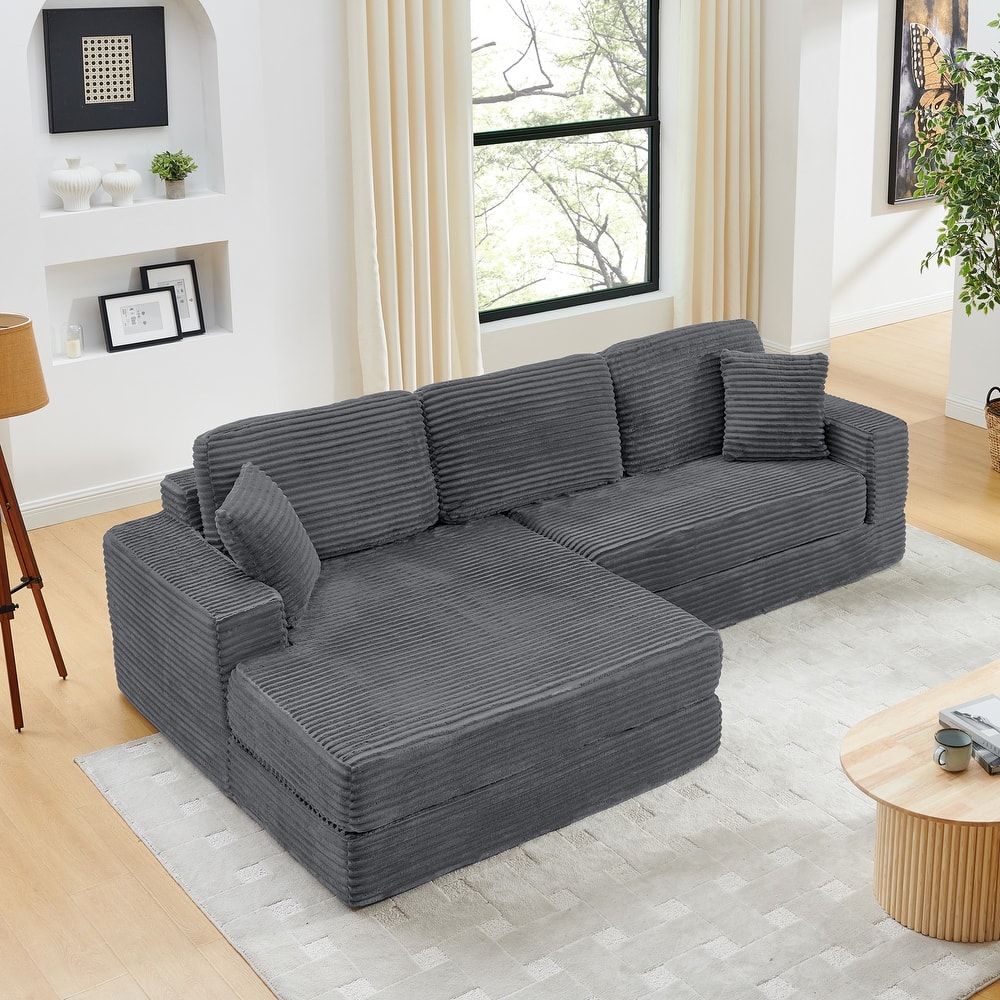 Modern Corduroy L-shaped Sectional Sofa with Chaise Expanded into Queen Size Floor Bed Comfy Compressed Sofa Couch