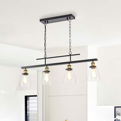 Antique Black 4-Light Downlight Linear Kitchen Island Chandelier with Clear Glass Shades