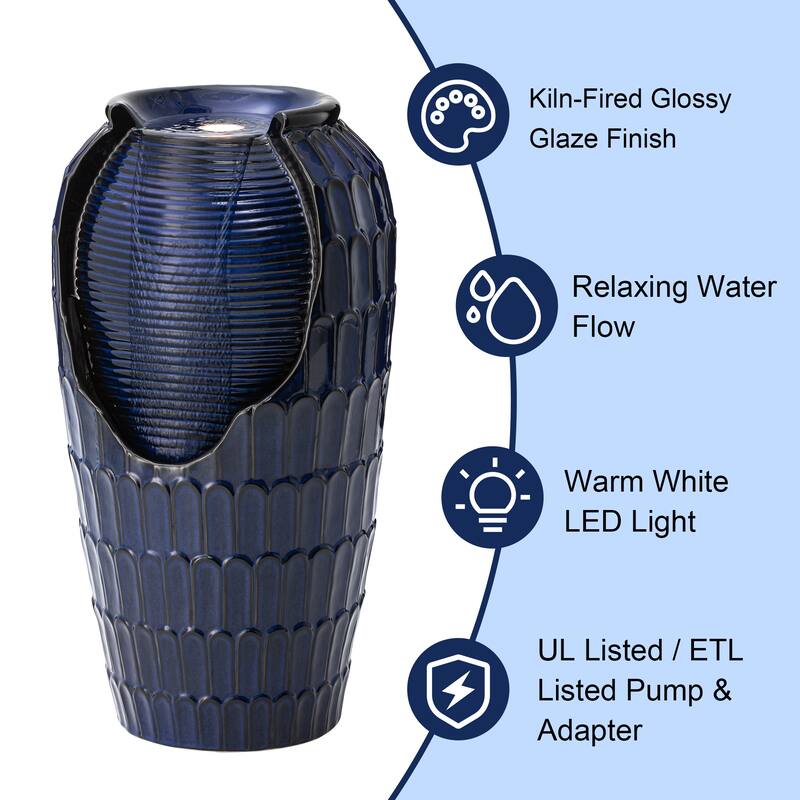 Glitzhome 28"H Oversized Petals Textured Ceramic Jar Outdoor Waterfall Fountain