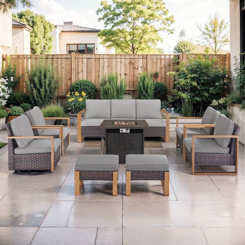 Pocassy Outdoor 30" Fire Pit Table with Sofa Swivel Chair Set - Brown Wicker Gray Cushion - 8-Piece Sofa Chair with Fire Table