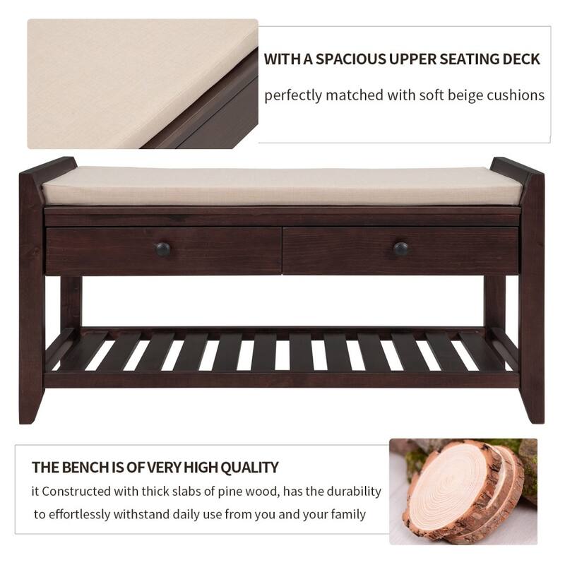 Multipurpose Entryway Storage Bench, Shoe Rack with Cushioned Seat, Drawer