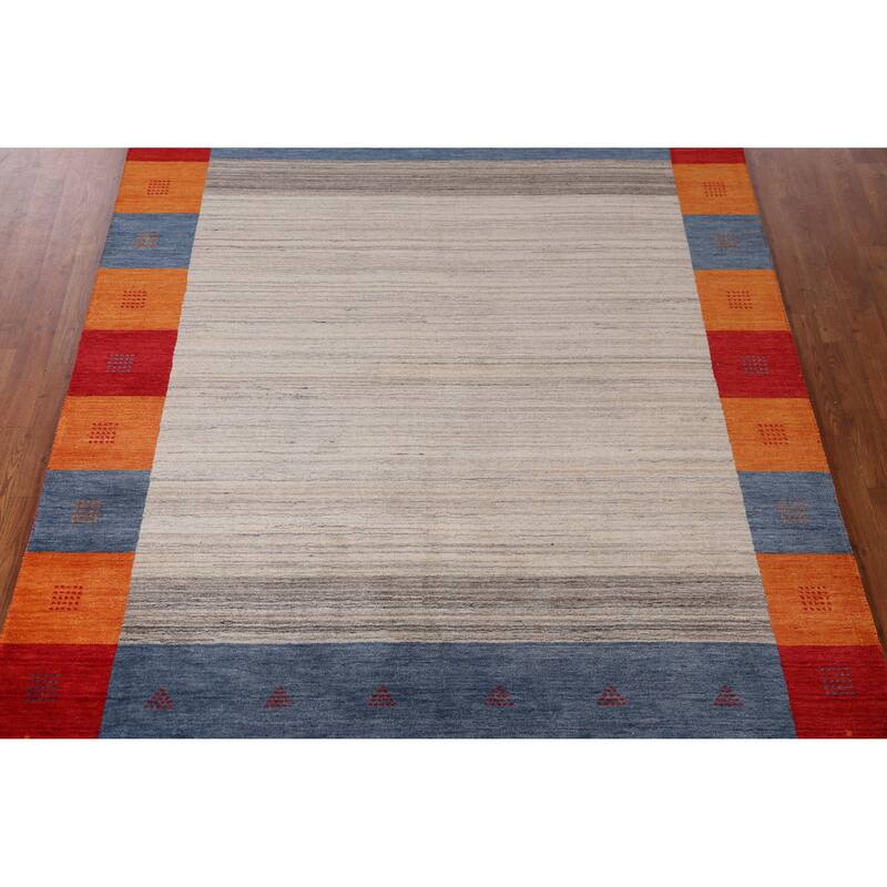 Beige Gabbeh Indian Area Rug Hand-Knotted Oriental Beige Wool Carpet - 6'1" x 7'11"