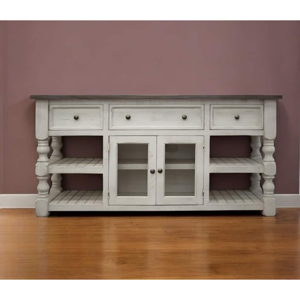 HomeRoots 70" Ivory Solid Wood Open shelving Distressed TV Stand - 70' X '34.75' X '19