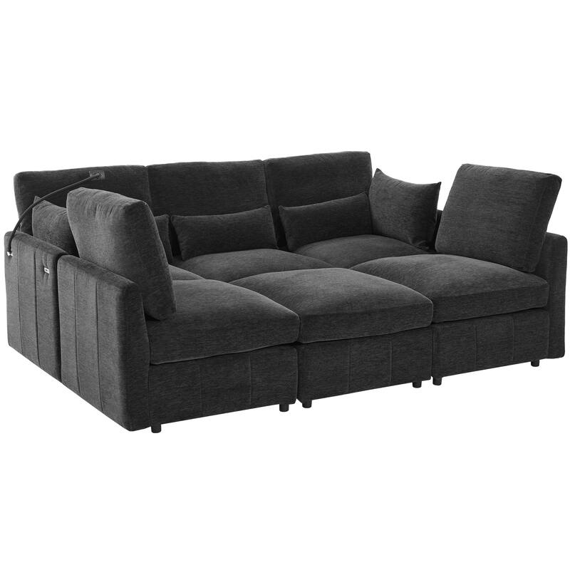 U Shaped Modular Sectional Sofa with Movable Ottoman, Chenille Upholstered 5-Seater Sofa with 2 USB Ports & Phone Holder