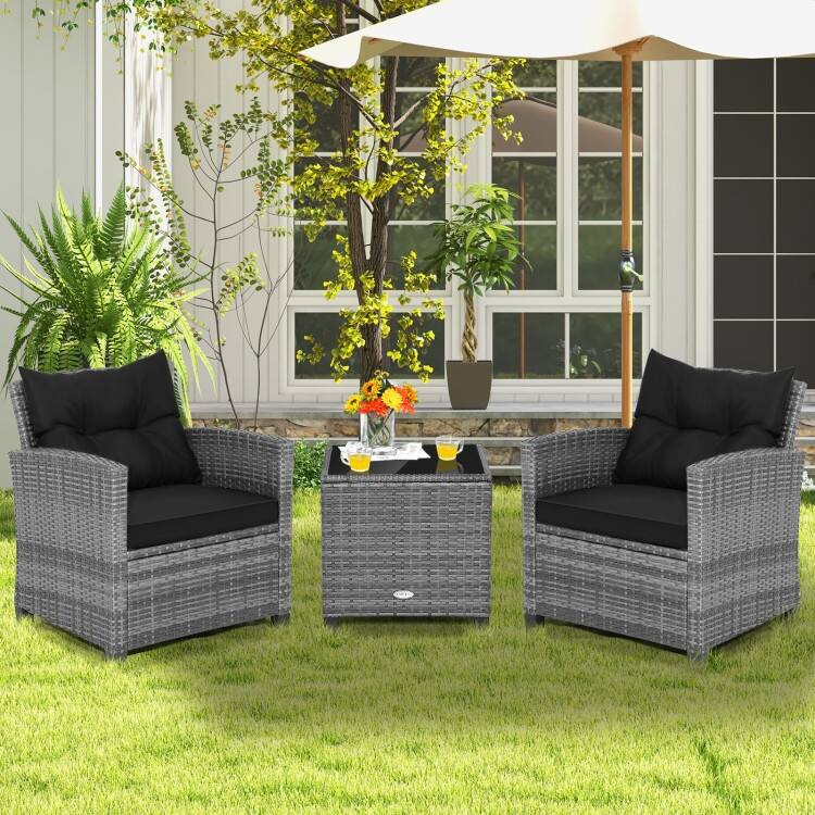 3-Piece Outdoor Wicker Patio Furniture Set with Tempered Glass Coffee Table - 26.5" x 26.5" x 30" (L x W x H)