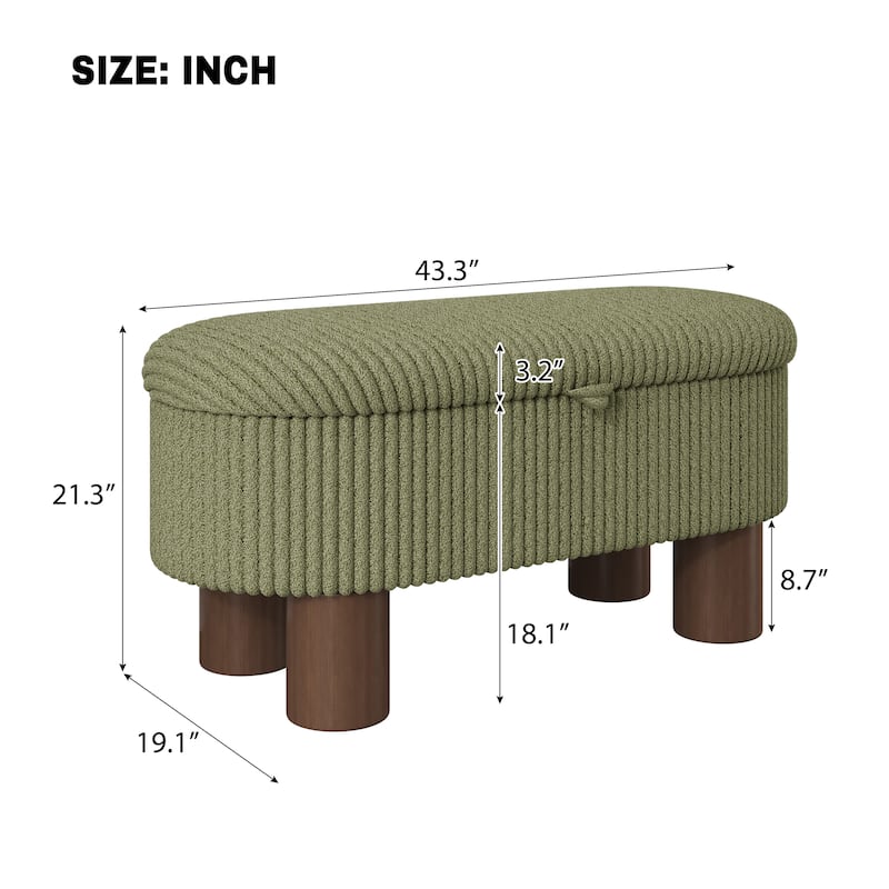 Modern Green Corduroy Storage Ottoman Bench, Great for Shoe Storage in Bedroom & Entryway