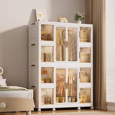 Portable Wardrobe Closet Storage Organizer with 2 Hanging Rod