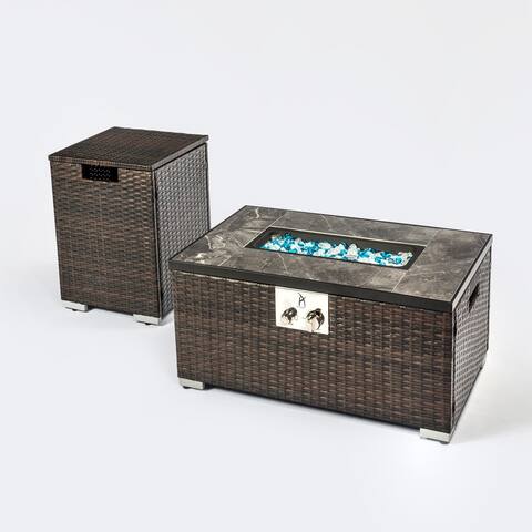 Outdoor Rectangle Metal Wicker Propane Fire Pit Table with Steel Tabletop and Separate Propane Tank Cover