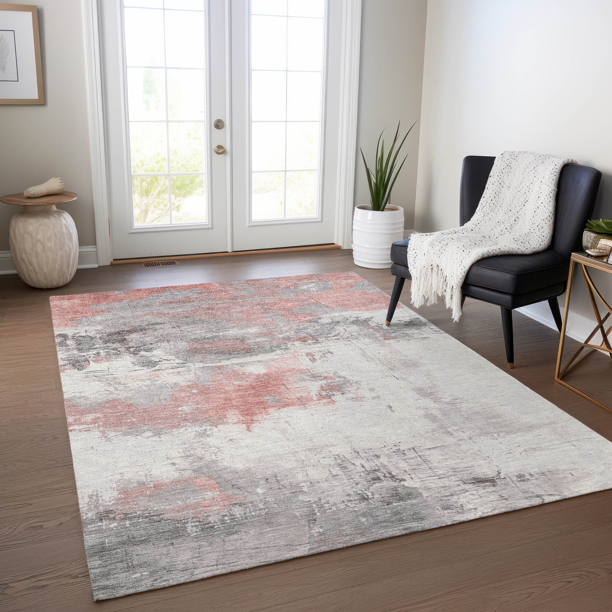 Machine Washable Indoor/ Outdoor Solid Abstract Chantille Rug