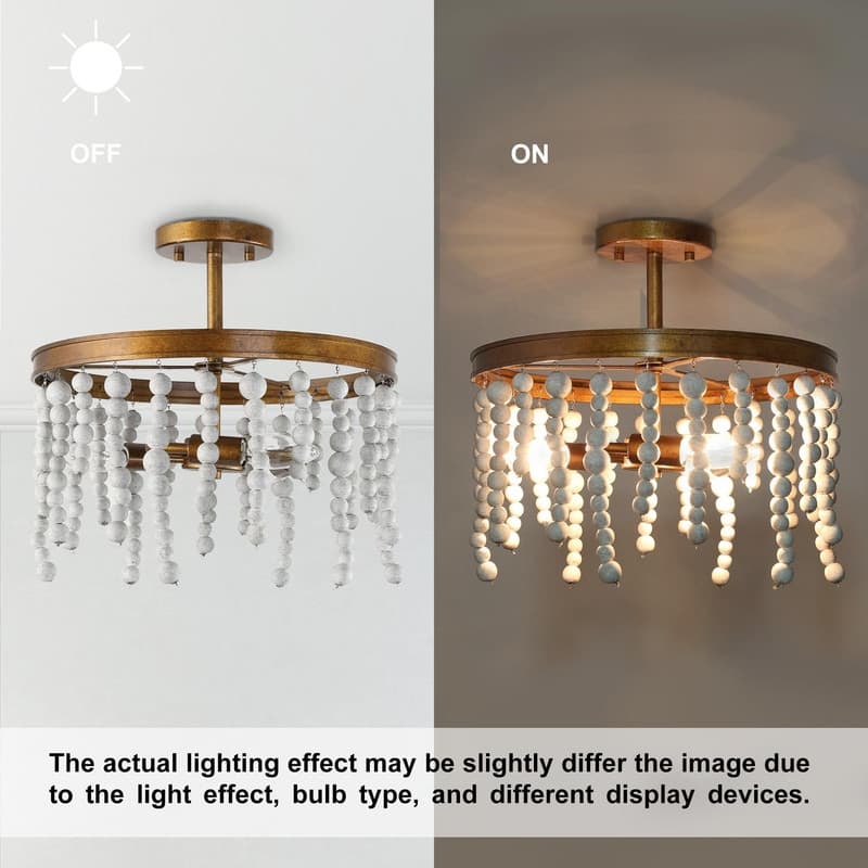 Boho Glam 3-Light Wood Beads Semi-flush Mount Ceiling Light Coastal Chandelier - Antique brass - D14"xH14"