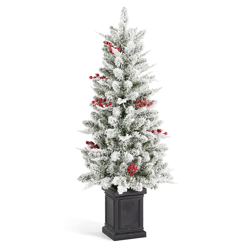 Glitzhome 4ft Pre-Lit Flocked Artificial Christmas Porch Tree with and Red Berries and 60 Warm White/Multi-color Lights