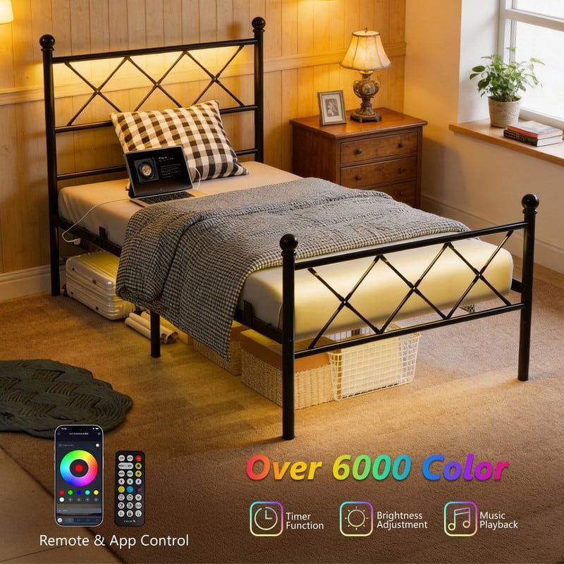 Twin Size Metal Platform Bed with RGB LED Lights,Charging Station,Heavy Duty,Remote and App Control,Under Bed Storage