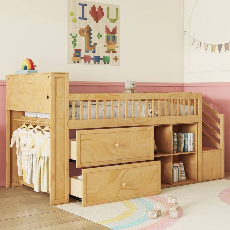 Twin Size Pine Wood Loft Bed with LED Bookshelf, Staircase Storage and 2 Drawers, and 4 Shelves for Kids