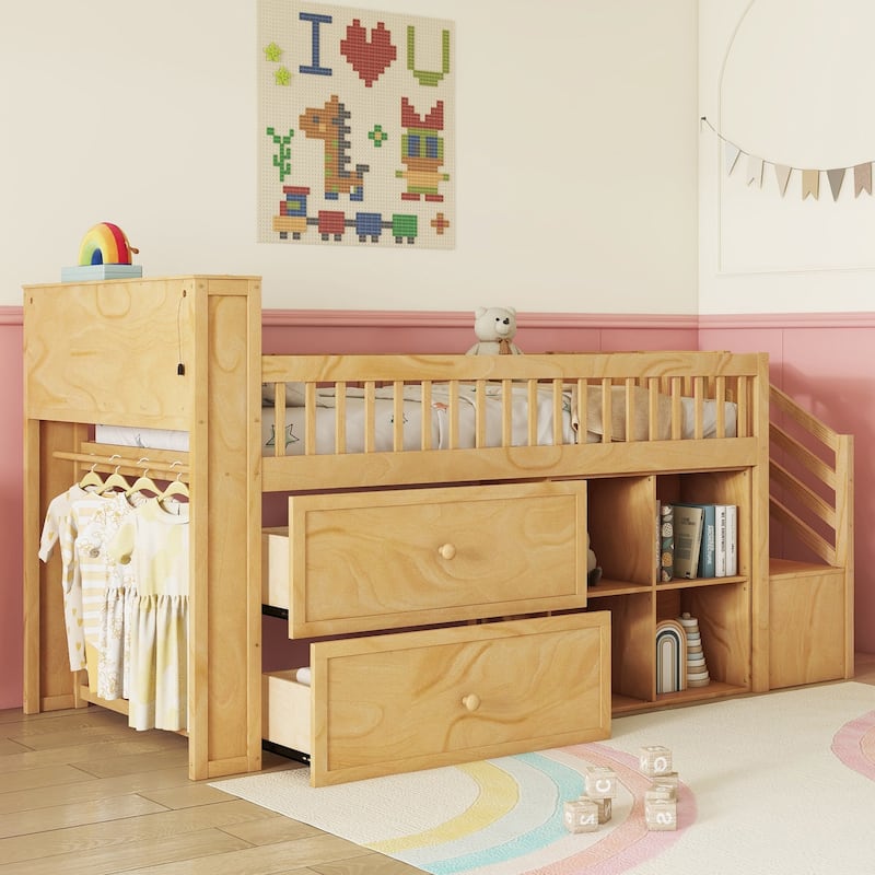 Wooden Twin Size Kids Loft Bed, Solid Pine Low Loft Bed Frame, Twin Size LED Storage Bed Frame with 2 Drawers and Shelves