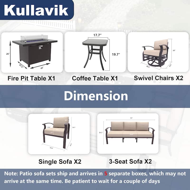 Kullavik Aluminum Outdoor Patio Furniture with Curved Armrests & Firepit Table