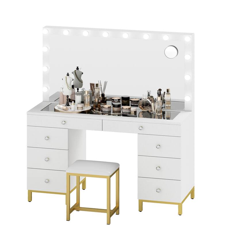 Moasis 45" Makeup Vanity Table Set with Lighted Mirror and Charging Station & PU Stool