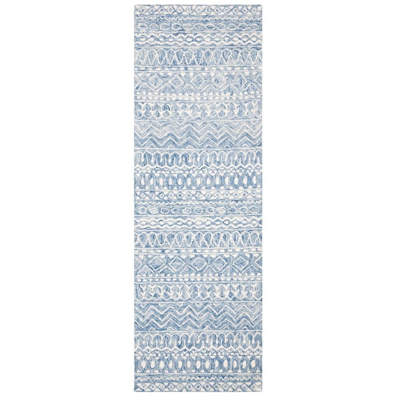 SAFAVIEH, Handmade Micro-Loop Fedosia Wool Rug - 2'3" x 15' Runner - Blue/Ivory