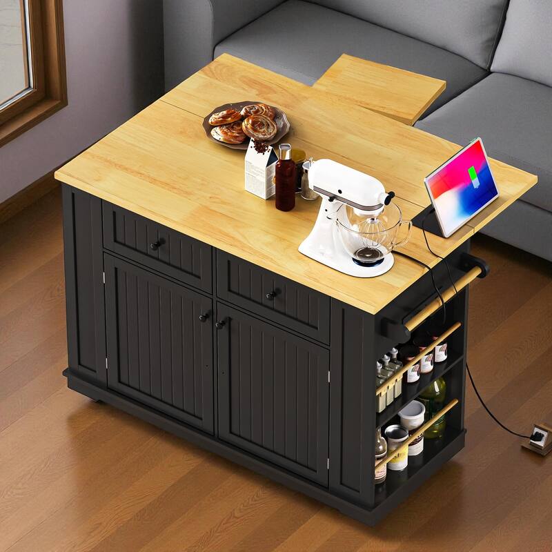48" Kitchen Island with Drop Leaf & Power Outlet, Rolling Storage Cart with Internal Racks, Drawers & Shelves