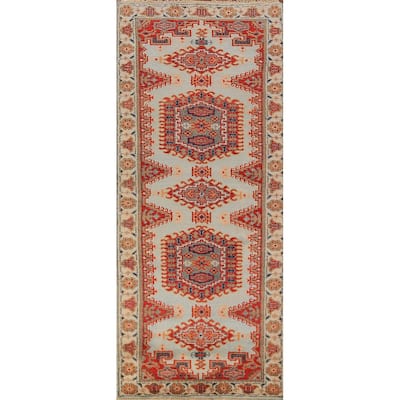 Geometric Viss Indian Runner Rug Hand-Knotted Beige Wool Carpet - 2'6"x 7'11"