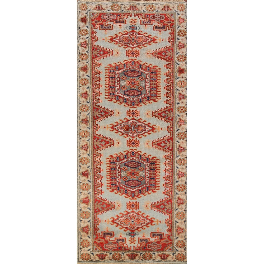 Geometric Viss Indian Runner Rug Hand-Knotted Beige Wool Carpet - 2'6"x 7'11"