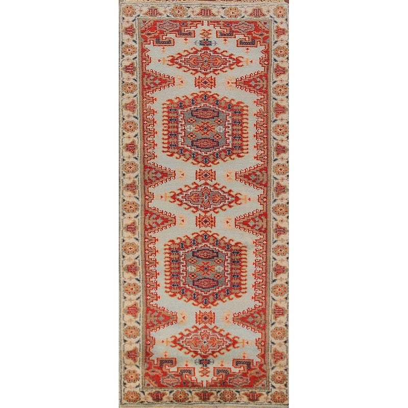 Geometric Viss Indian Runner Rug Hand-Knotted Beige Wool Carpet - 2'6"x 7'11"