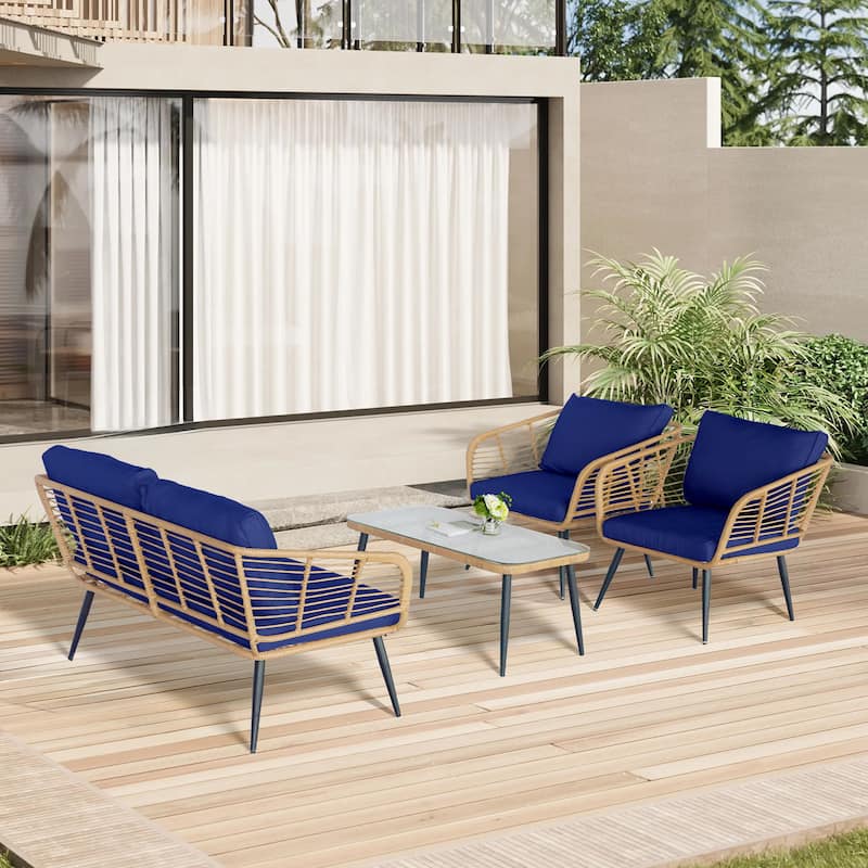 4-Piece Outdoor Patio Furniture Set with Cushions & Tempered Glass Table, Rattan Bistro Set for Garden, Porch, Backyard