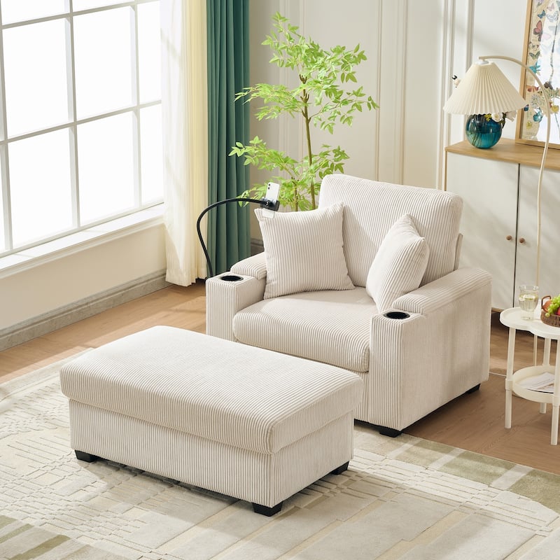 55"Oversized Chaise Lounge Chair with Ottoman and Storage,Sleeper Chair with Cup Holder,Mobile Phone Stand&USB Charging Port