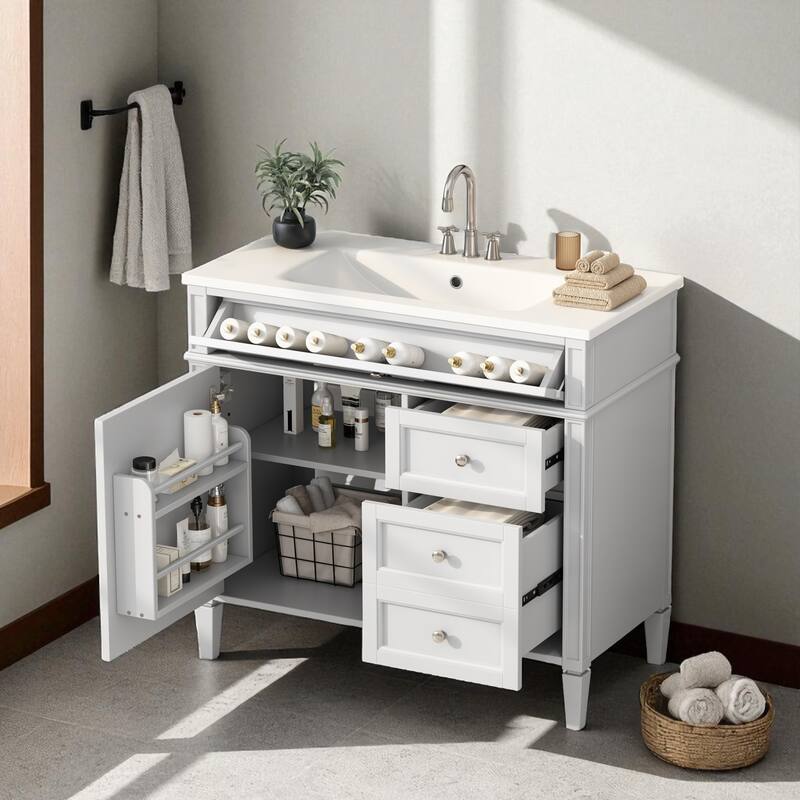 36 Inch Bathroom Vanity with Sink, Freestanding Cabinet with 2 Drawers, Tip-Out Drawer, Soft-Close Door & Resin Basin