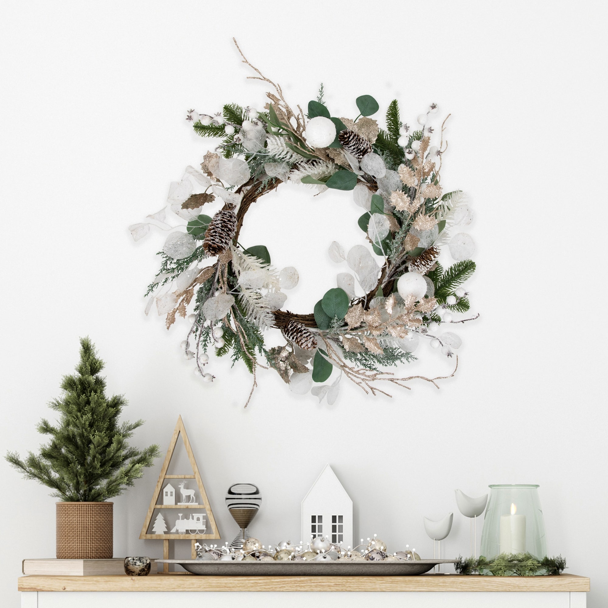 Sage Green and White Artificial Christmas Wreath 24-Inch Unlit