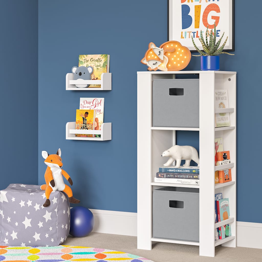 RiverRidge Kids Bookshelf Toy Organizer Tower; 3 Cubbies and 6 Racks for Playroom, Nursery and 2 10" Floating Shelves - White