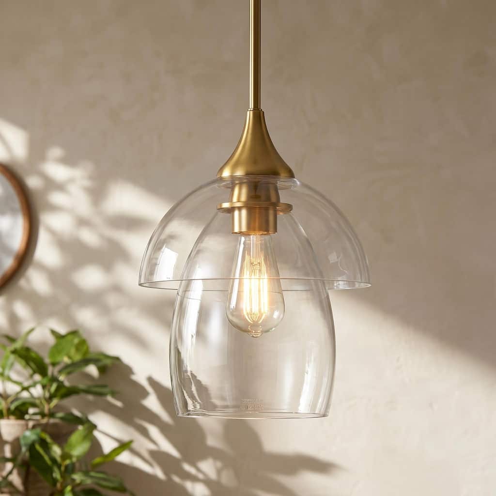 1-Light Gold Island Pendant Light Adjustable Height | Swivel Joint for Sloped Ceilings | Clear Double Glass Shade | UL Certified