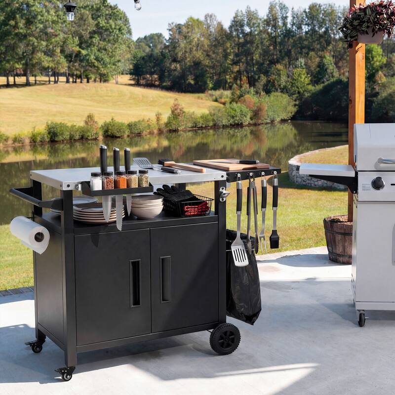 Grill Cart with Storage Cabinet,Metal Kitchen Island with Foldable Table,with Wheels & Stainless Steel Top & Hooks & Spice Rack