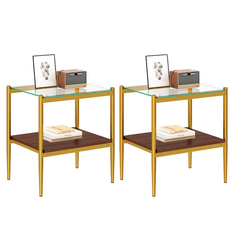 Set of 2, Rectangle End Table, Tempered Glass Tabletop with MDF layer, Modern Table for Living Room