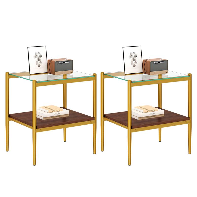 Set of 2 Rectangle End Table, Tempered Glass Tabletop with MDF layer, Modern Table for Living Room, Transparent Glass