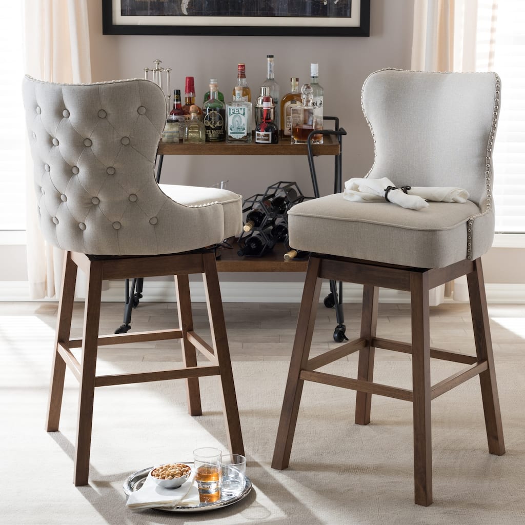 Light Beige Upholstered Swivel Bar Stool with Tufted Back and Nailhead Trim, Modern Kitchen Counter Height Furniture