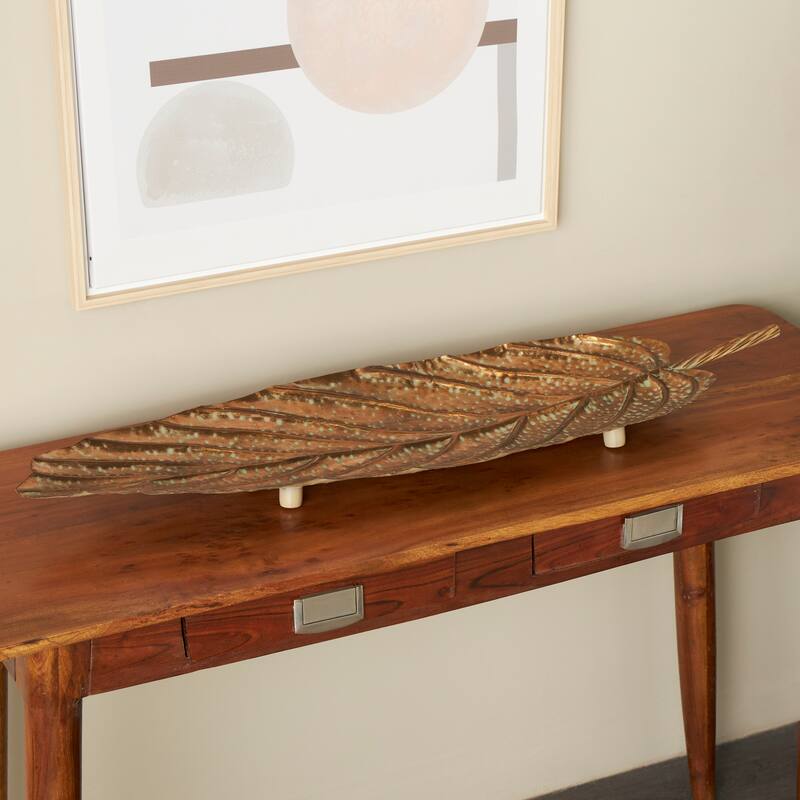 Copper Metal Textured Leaf Living Room Decor Tray with Patina Accents and Elevated Feet (Set of 2)