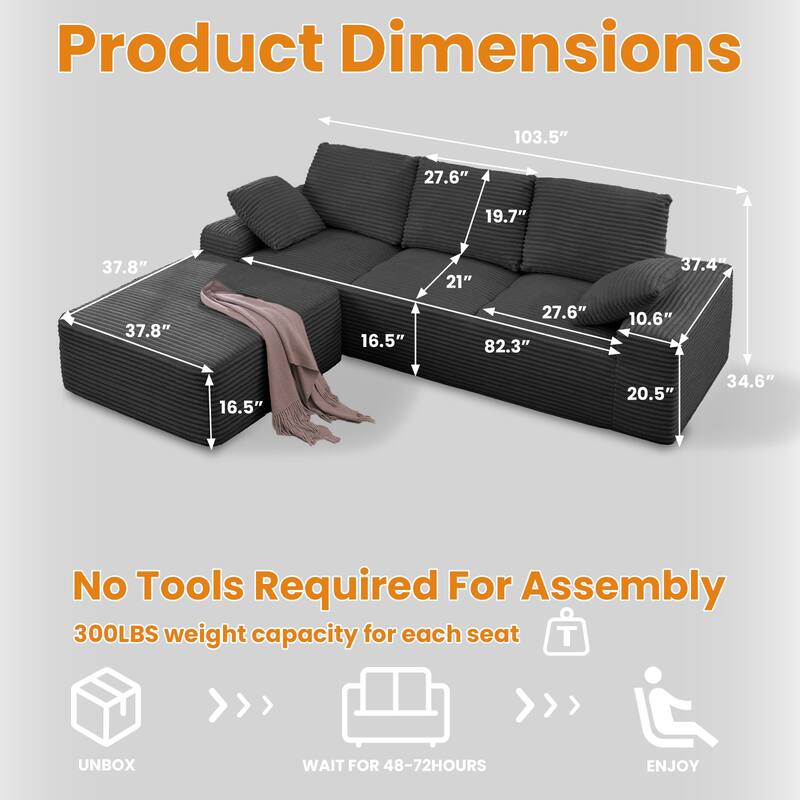 Modular Sectional Sofa with L-Shape Chaise Lounge, Oversized Corduroy Upholstered Cloud Sofa, Deep Seat Sofa with Pillow