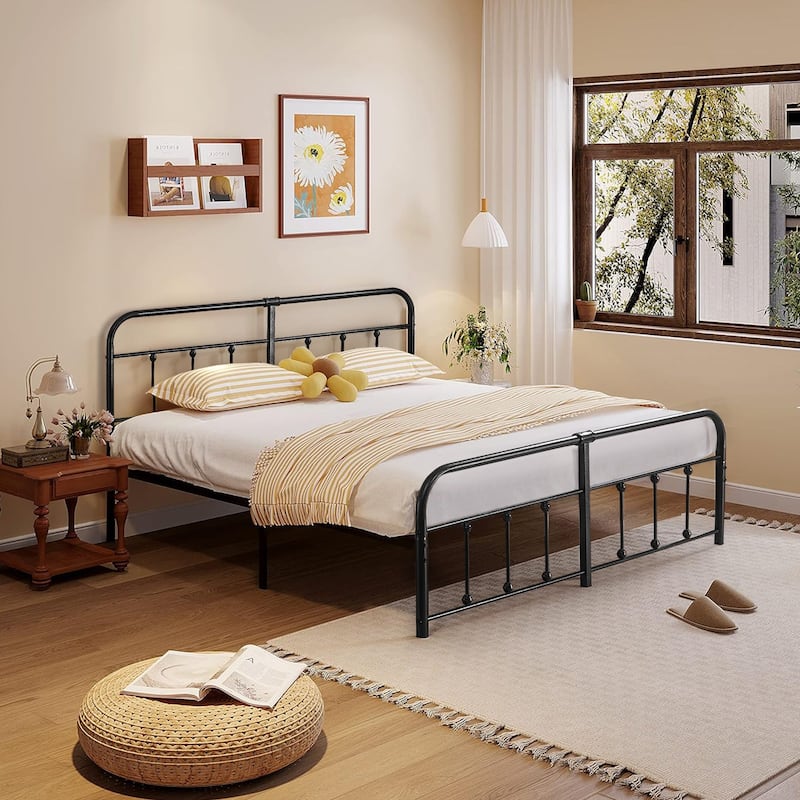 VECELO Metal Bed Frame with Headboard Classic Metal Platform Bed Frame Mattress Foundation with Victorian Style Footboard