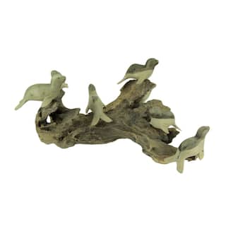 7 Seals On Old Log Hand Carved Wood Statue 13.25 Inches Long - 8 X 13.25 X 11 inches