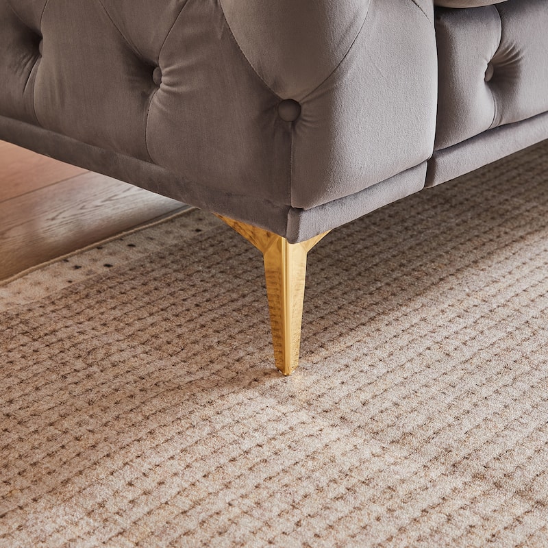 Tufted Design Straight Row Couch Velvet Chesterfield Deep Seat Sofa, Upholstered Couch with Solid Wood Frame and Gold Metal Legs