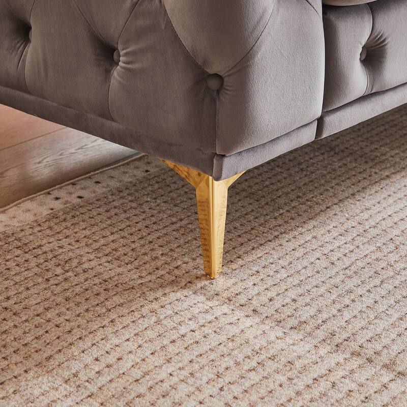 Velvet Upholstered 3 Seater Sofa, Chesterfield Tufted Button Sofa, Lounge Sofa Chair with 2 Pillows & Metal Legs