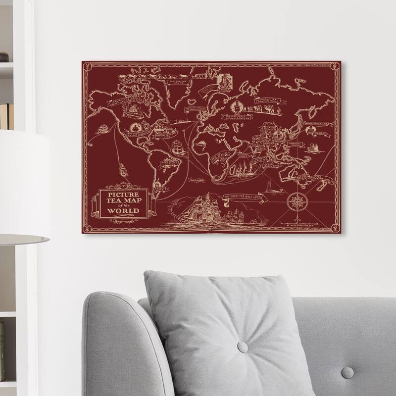 Wynwood Studio 'Tea Map Of The World Berry' Maps and Flags Wall Art Canvas Print World Maps - Red, White - 30 x 20