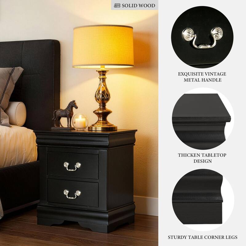 Rossetta Transitional Antique Elegant Style 2-Drawer Nightstand with Solid Wood Legs and Smooth Glides