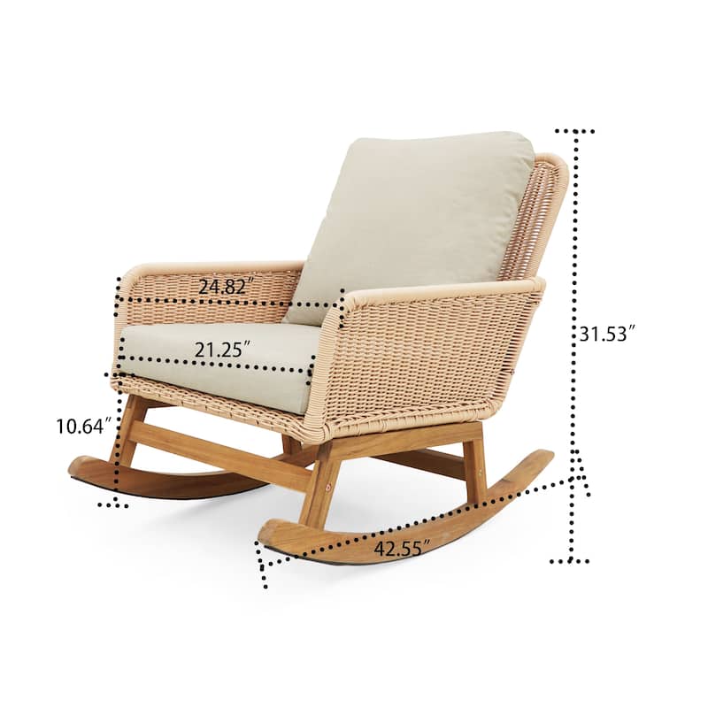 Classic Stylish PE Rattan Wicker Rocking Chair with Cushions and Solid Wood Legs, For Indoor and Outdoor Use